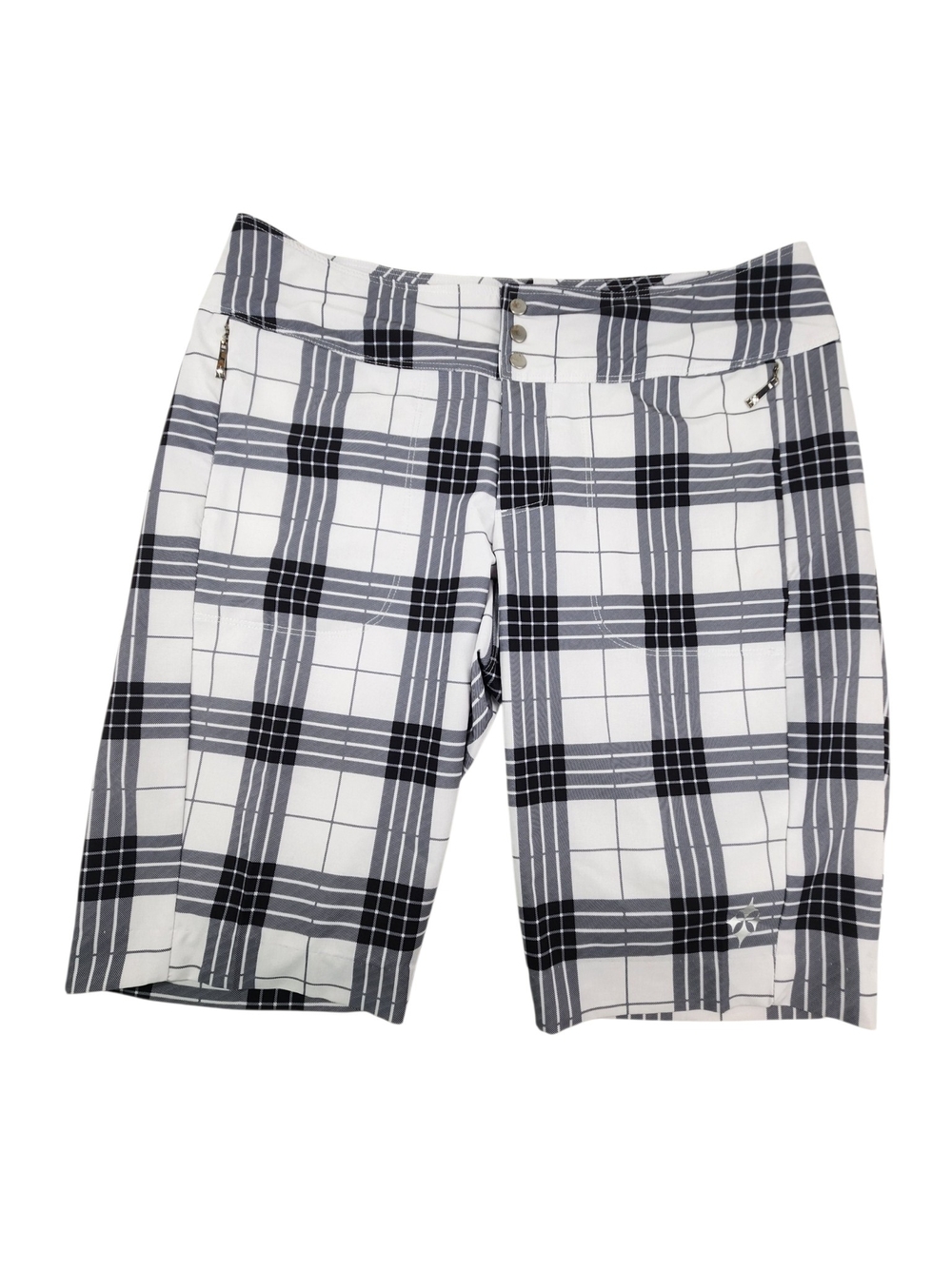 Jofit Women’s Golf Shorts Size 8 White Gray Plaid Stretch Bermuda Performance